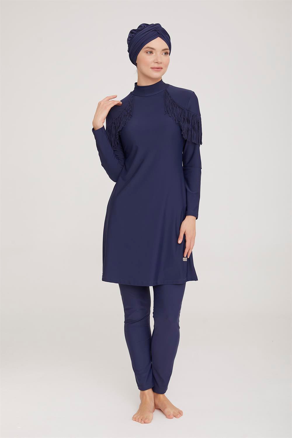 Likralı Tam Kapalı Tesettür Mayo Ramıra 4105 Koyu Lacivert Remsa Mayo