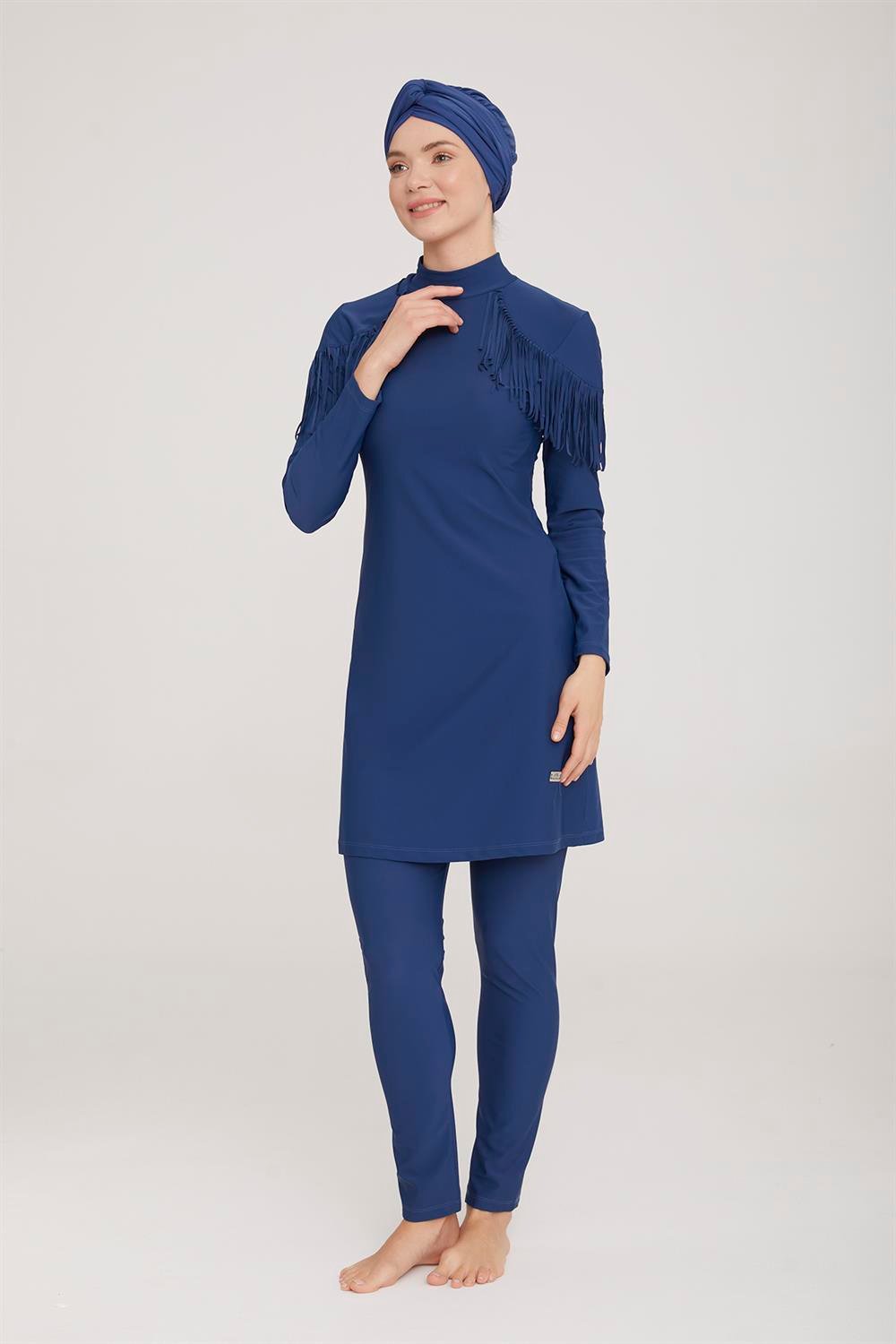 Likralı Tam Kapalı Tesettür Mayo Ramıra 4105 Açık Lacivert Remsa Mayo