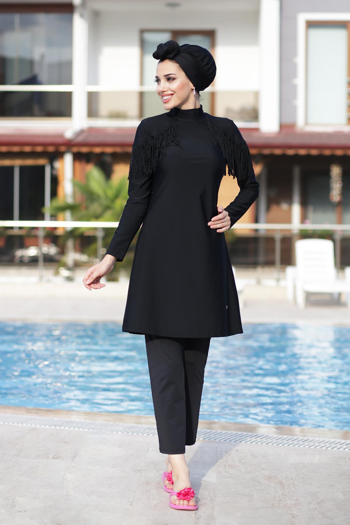 Likralı Tam Kapalı Tesettür Mayo Ramıra 4105 Siyah Remsa Mayo