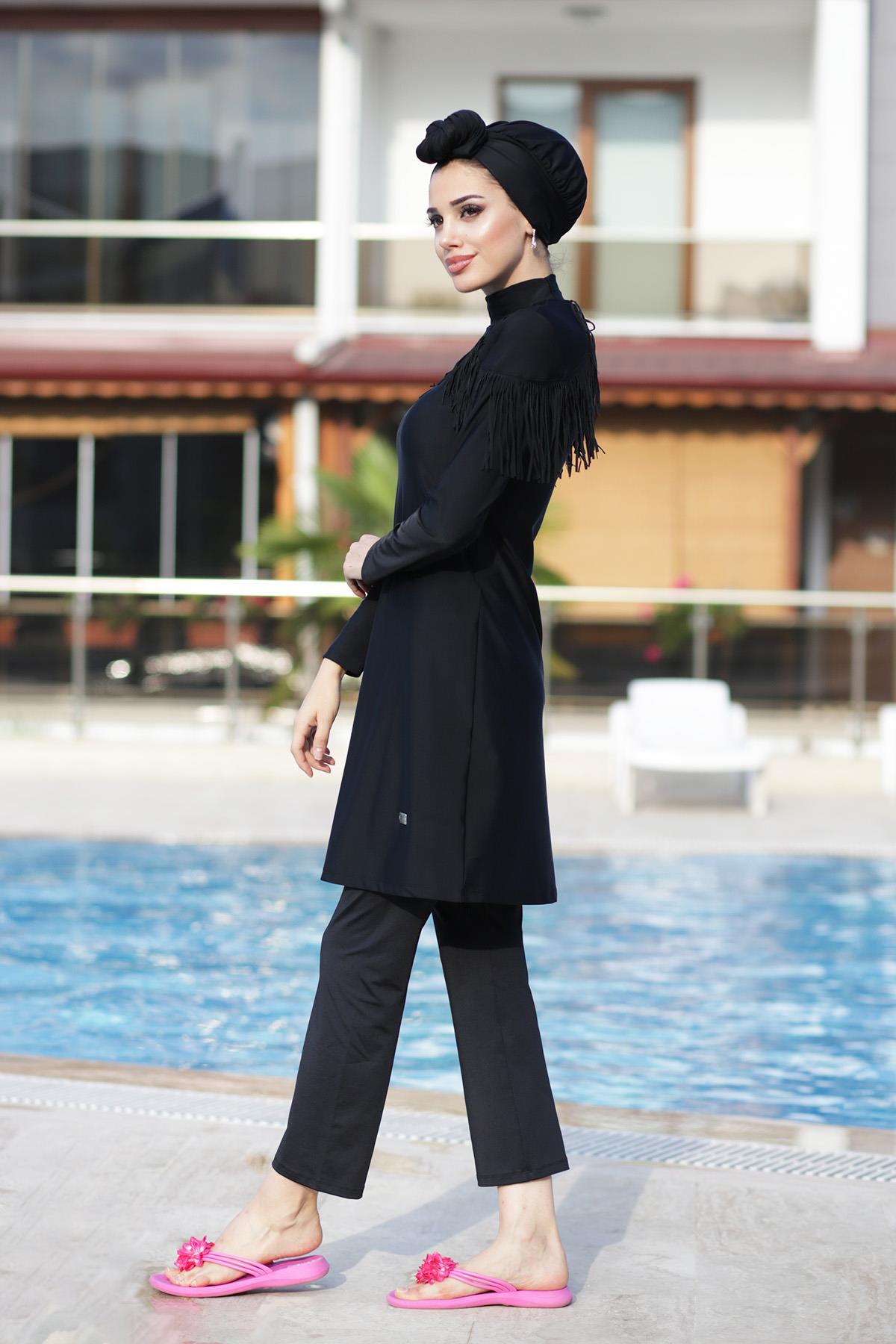 Likralı Tam Kapalı Tesettür Mayo Ramıra 4105 Siyah Remsa Mayo