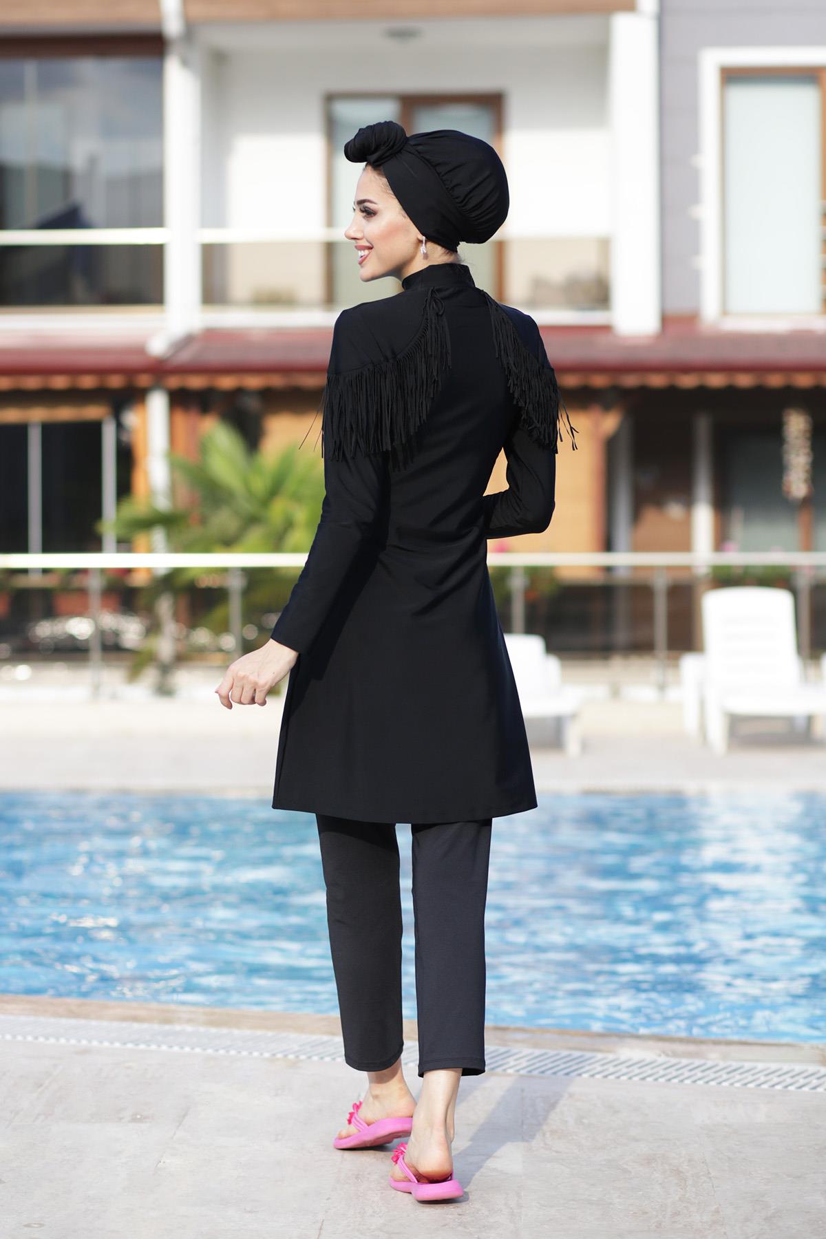 Likralı Tam Kapalı Tesettür Mayo Ramıra 4105 Siyah Remsa Mayo