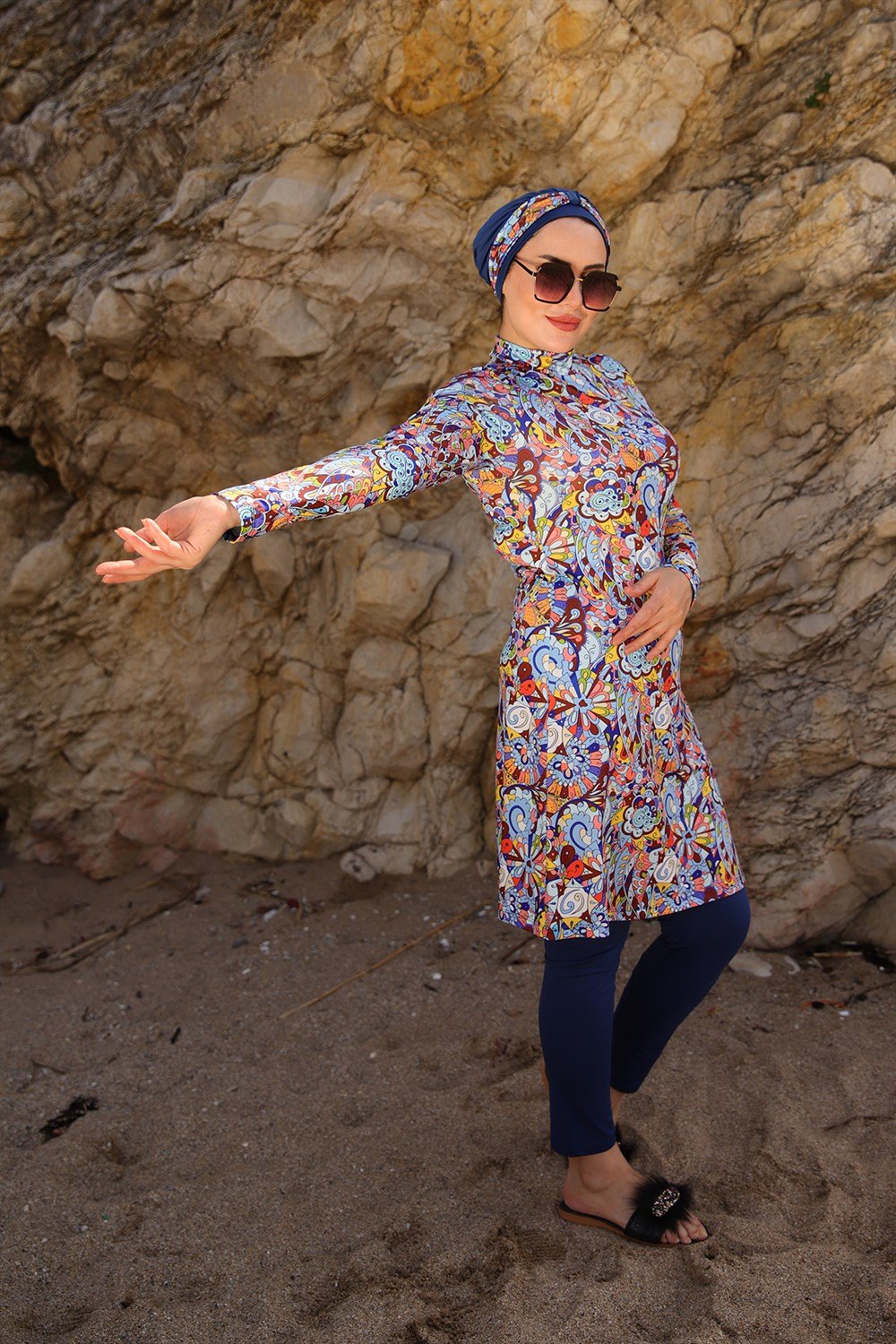 Likralı Tam Kapalı Tesettür Mayo Rengarenk R014 Peride