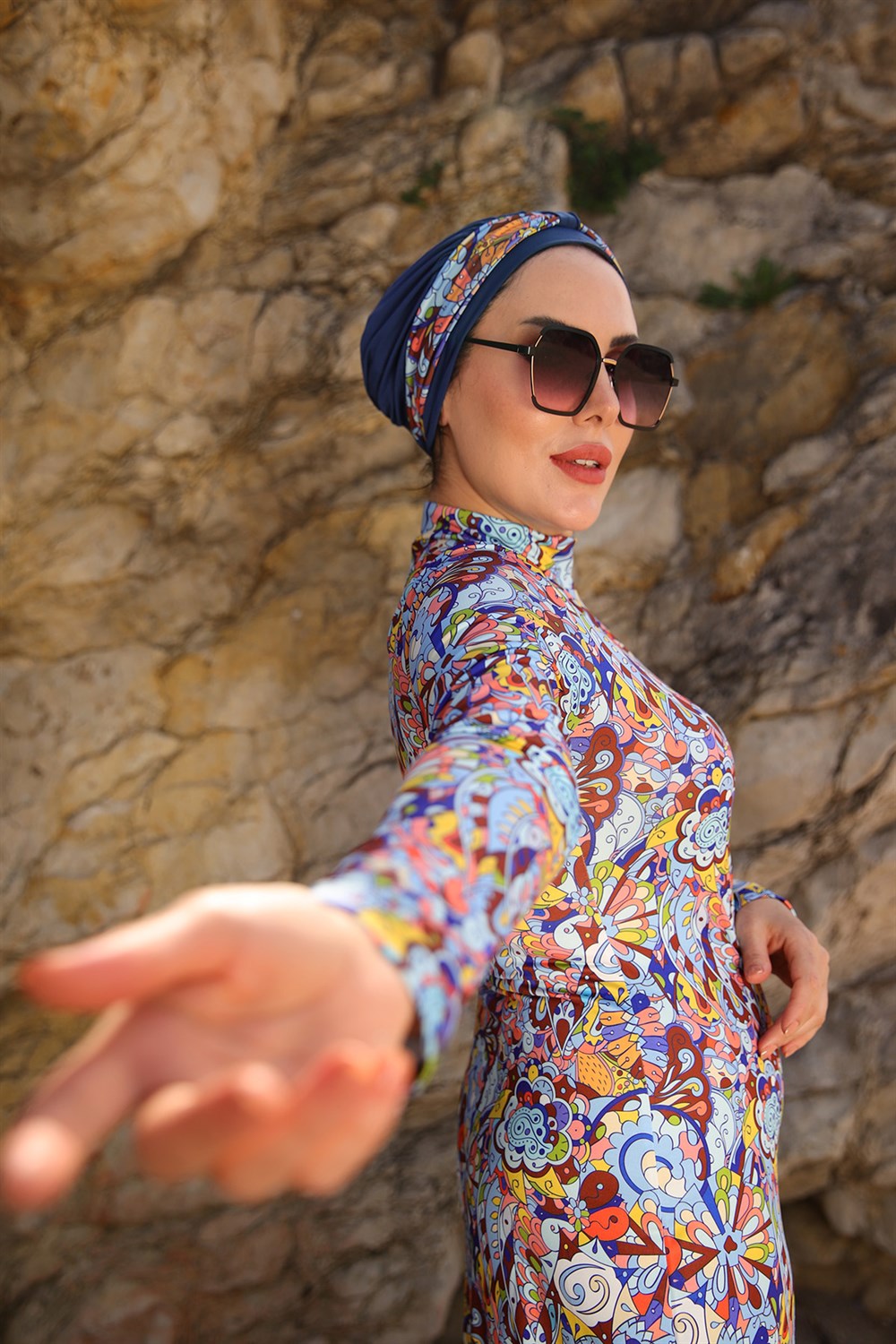 Likralı Tam Kapalı Tesettür Mayo Rengarenk R014 Peride