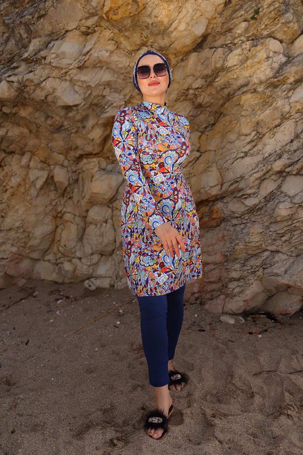 Likralı Tam Kapalı Tesettür Mayo Rengarenk R014 Peride