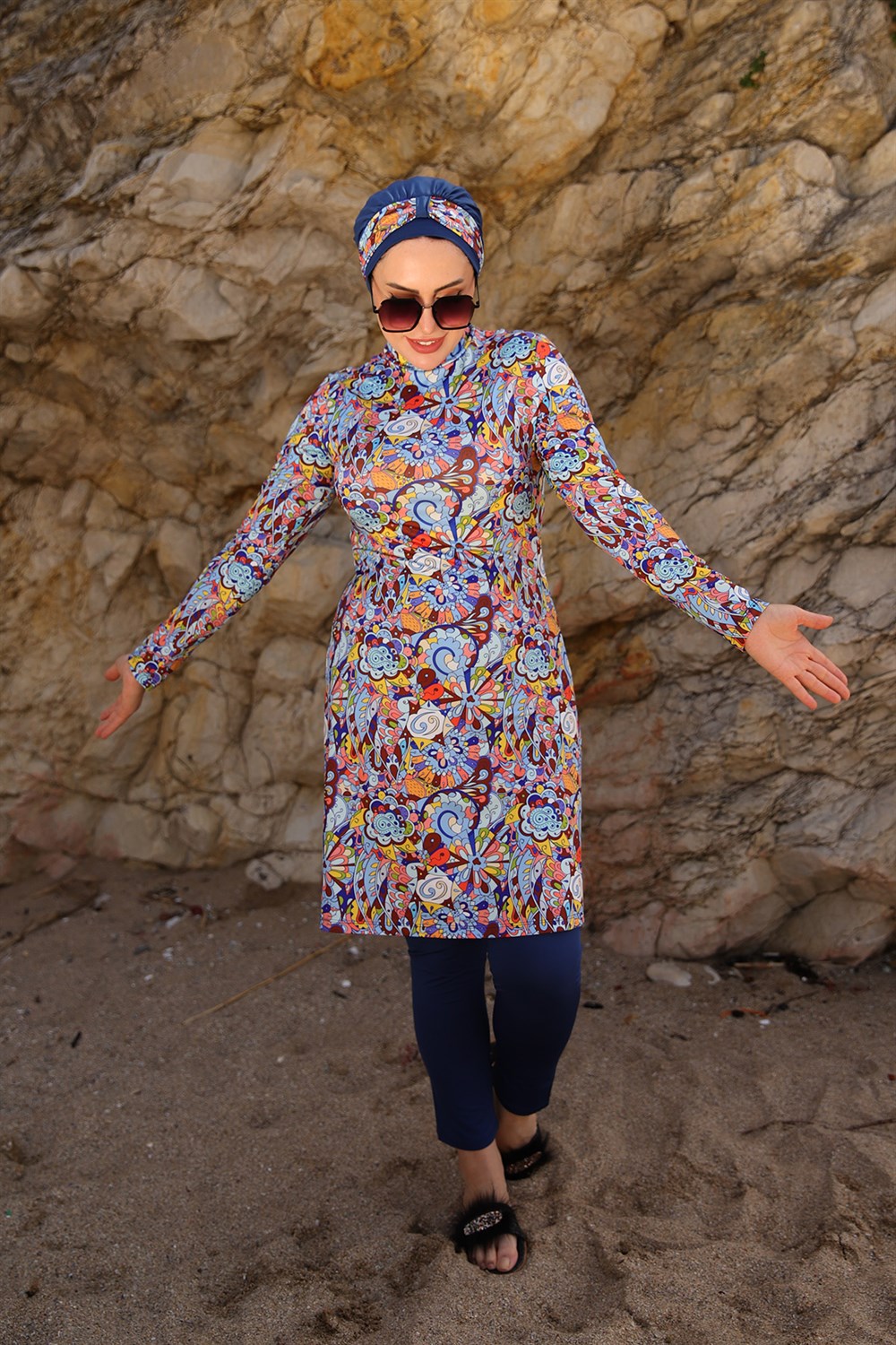 Likralı Tam Kapalı Tesettür Mayo Rengarenk R014 Peride