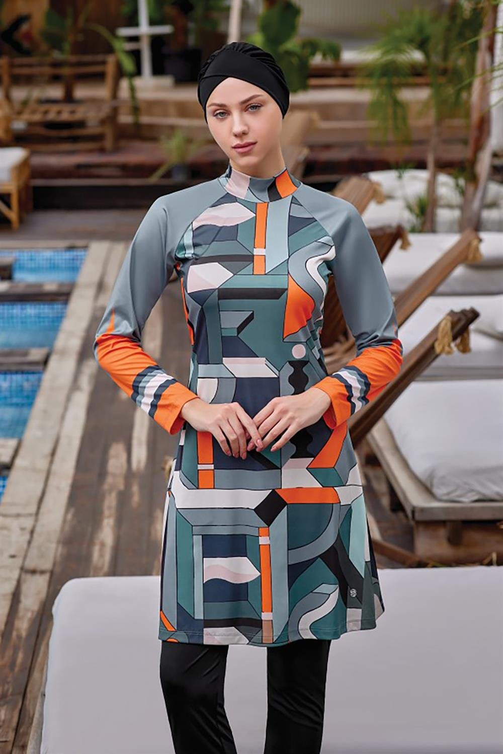 Likralı Tam Kapalı Tesettür Mayo Rıgel 9023 Siyah Remsa Mayo