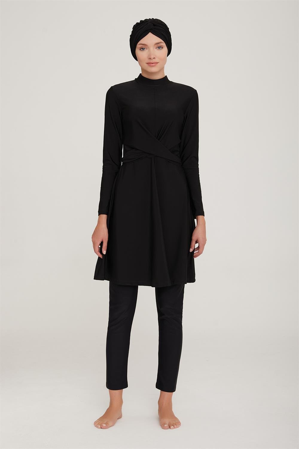 Likralı Tam Kapalı Tesettür Mayo Sementa 4445 Siyah Remsa Mayo