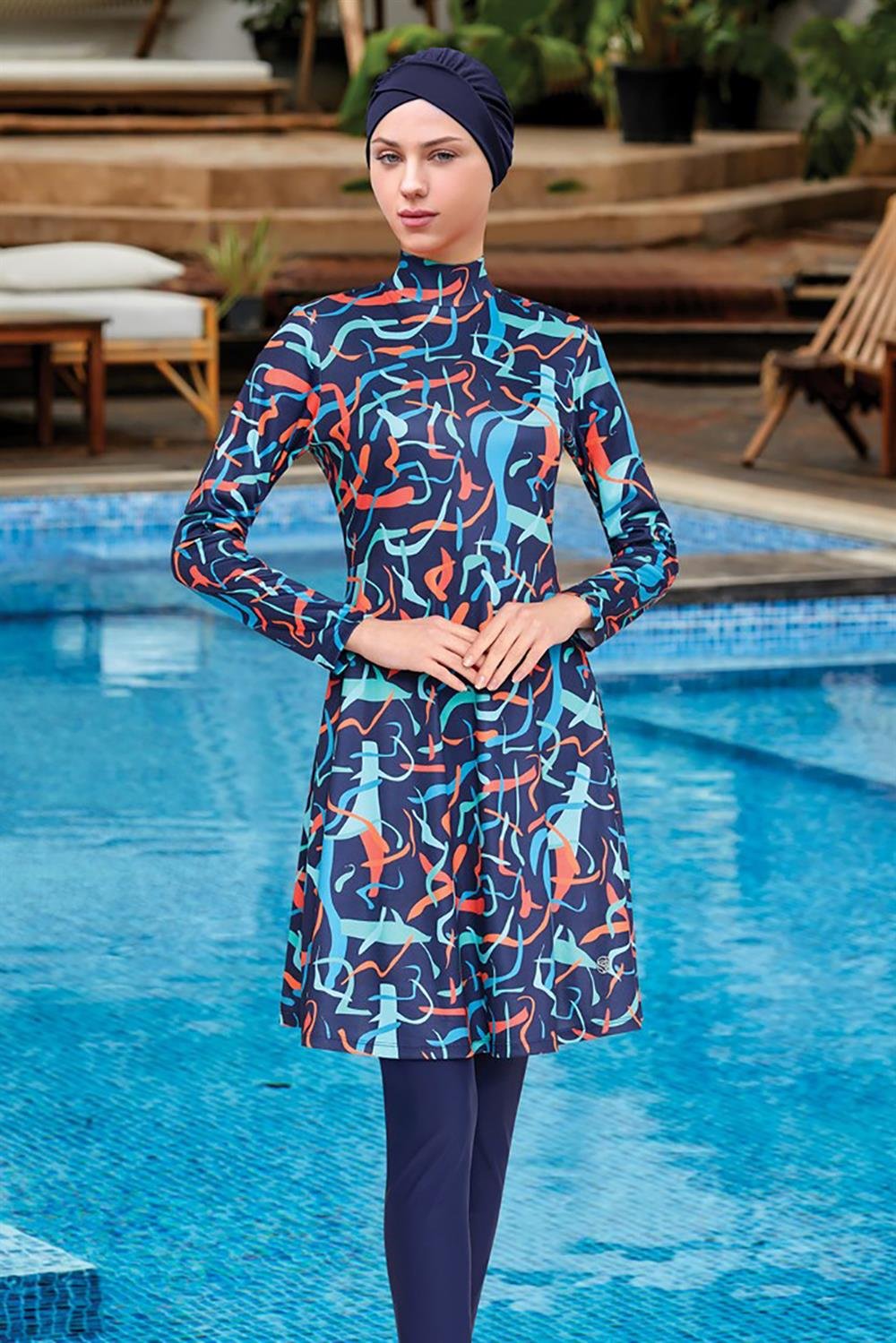 Likralı Tam Kapalı Tesettür Mayo Soraya 9009 Koyu Lacivert Remsa Mayo