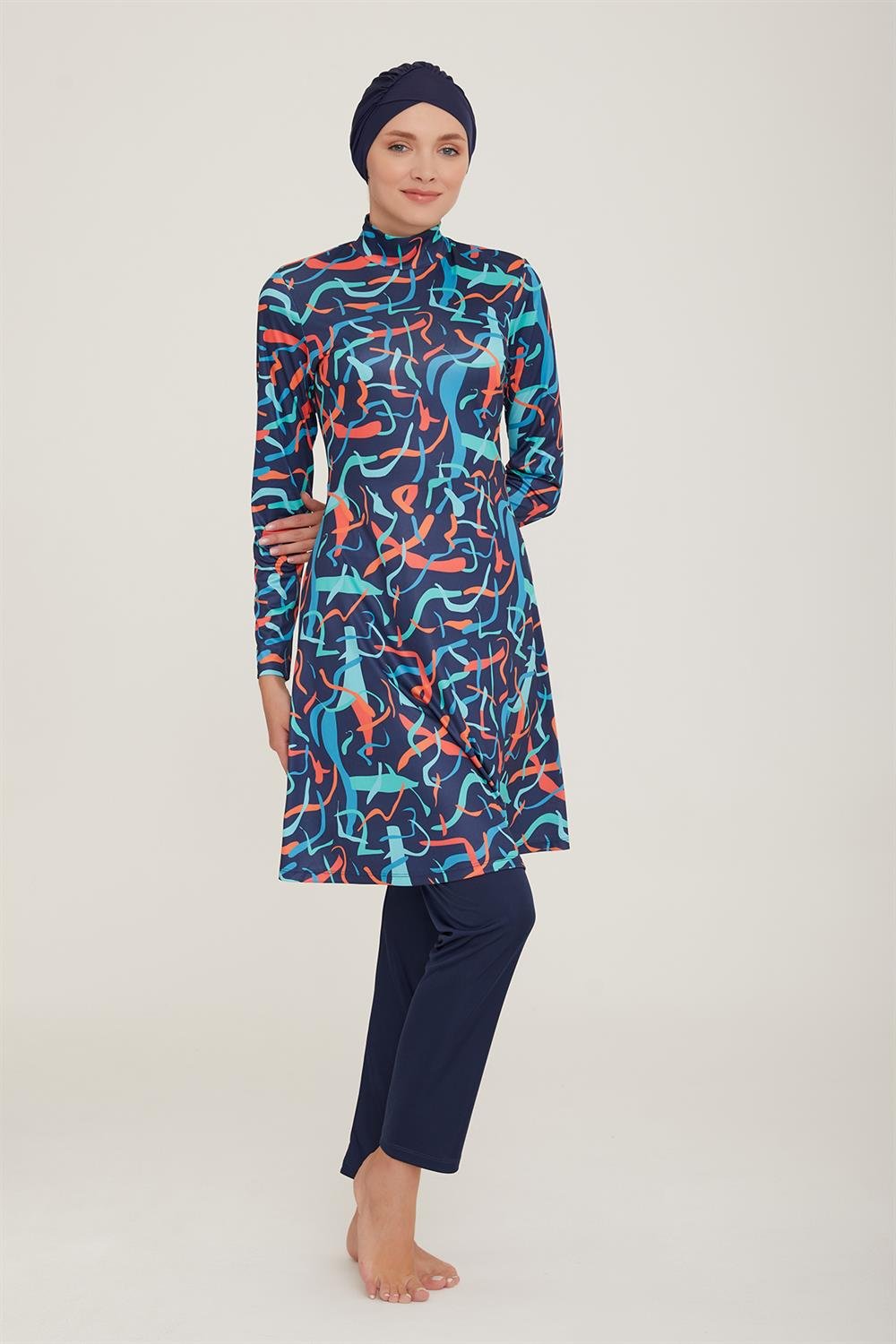 Likralı Tam Kapalı Tesettür Mayo Soraya 9009 Koyu Lacivert Remsa Mayo