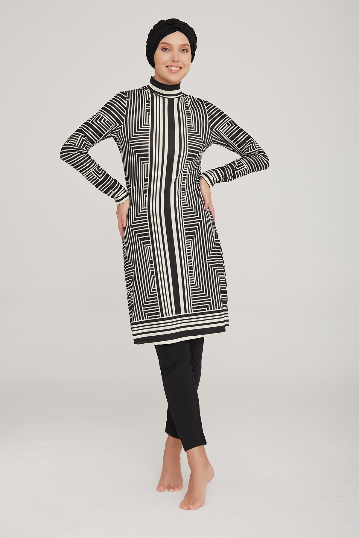 Likralı Tam Kapalı Tesettür Mayo Thek 8004 Siyah Remsa Mayo