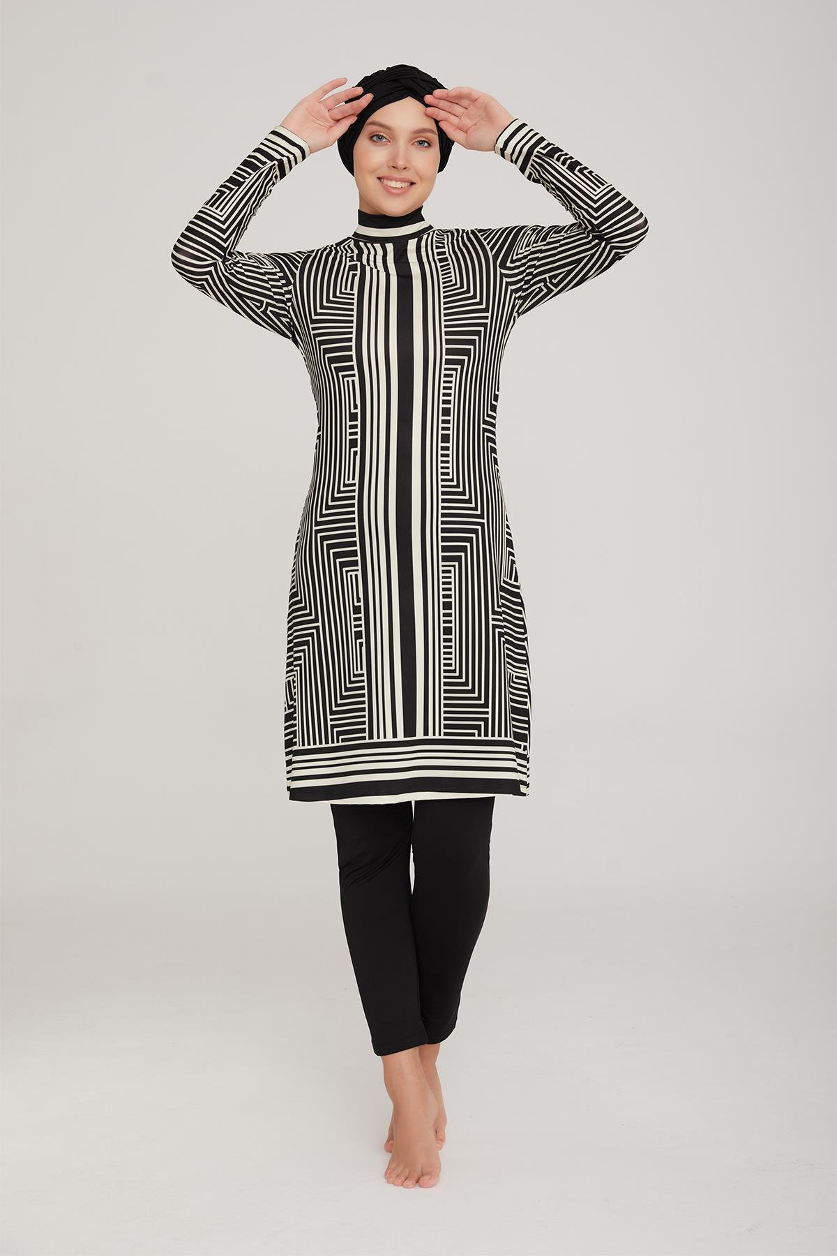 Likralı Tam Kapalı Tesettür Mayo Thek 8004 Siyah Remsa Mayo