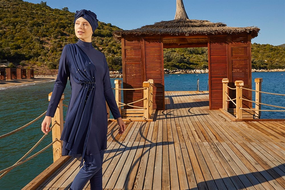 Likralı Tam Kapalı Tesettür Mayo Tül İnci Detay 4248 Koyu Lacivert