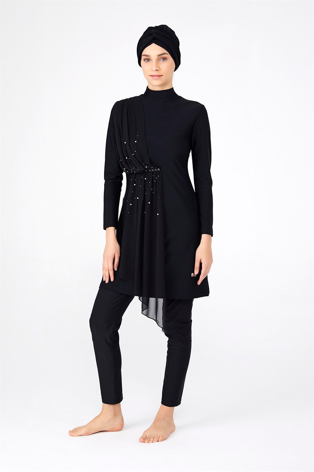 Likralı Tam Kapalı Tesettür Mayo Tül İnci detay 4248 Siyah