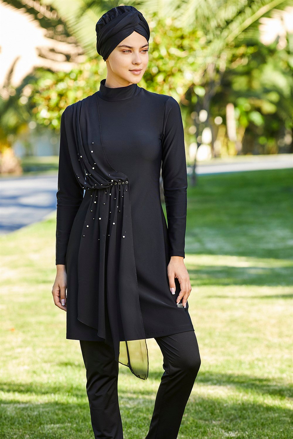 Likralı Tam Kapalı Tesettür Mayo Tül İnci detay 4248 Siyah