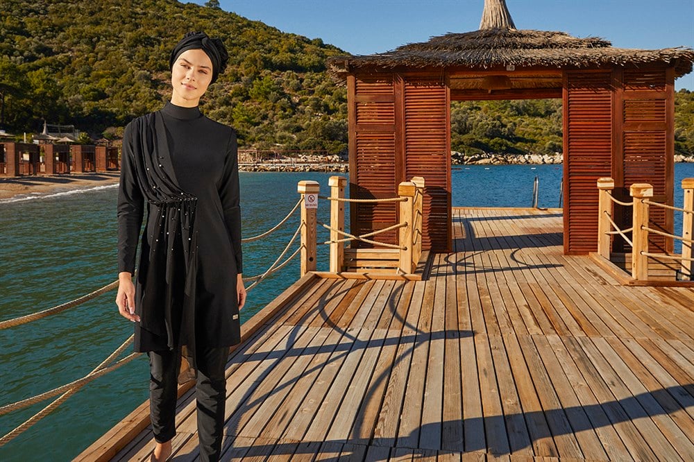 Likralı Tam Kapalı Tesettür Mayo Tül İnci detay 4248 Siyah