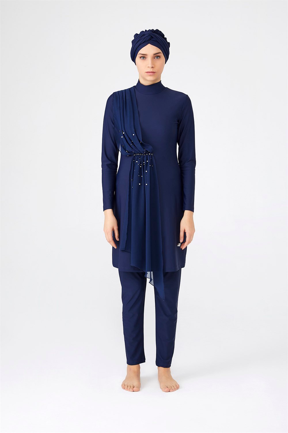 Likralı Tam Kapalı Tesettür Mayo Tül İnci Detay 4248 Koyu Lacivert