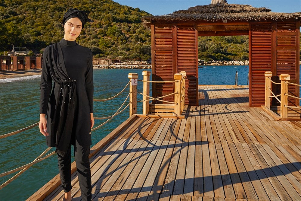 Likralı Tam Kapalı Tesettür Mayo Tül İnci detay 4248 Siyah