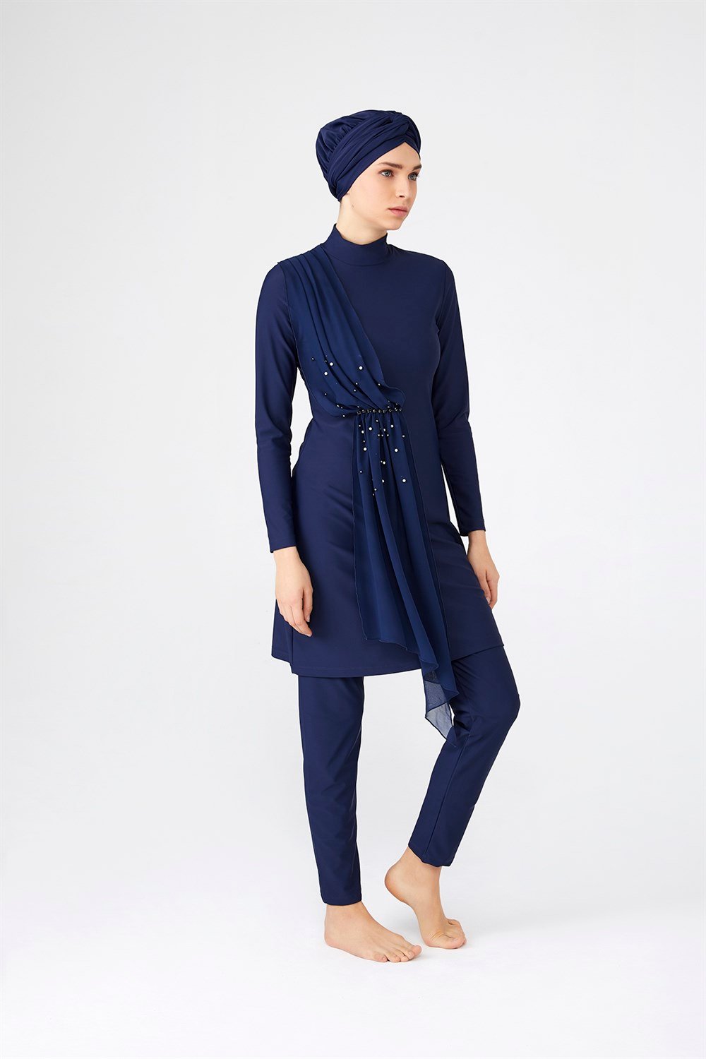 Likralı Tam Kapalı Tesettür Mayo Tül İnci Detay 4248 Koyu Lacivert