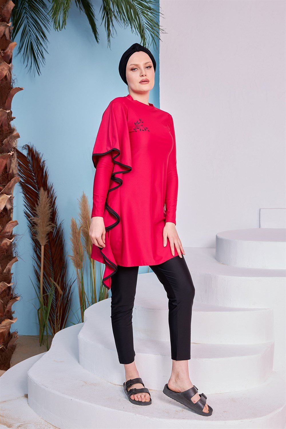 Likralı Tam Kapalı Tesettür Mayo Tuna Bordo 2239