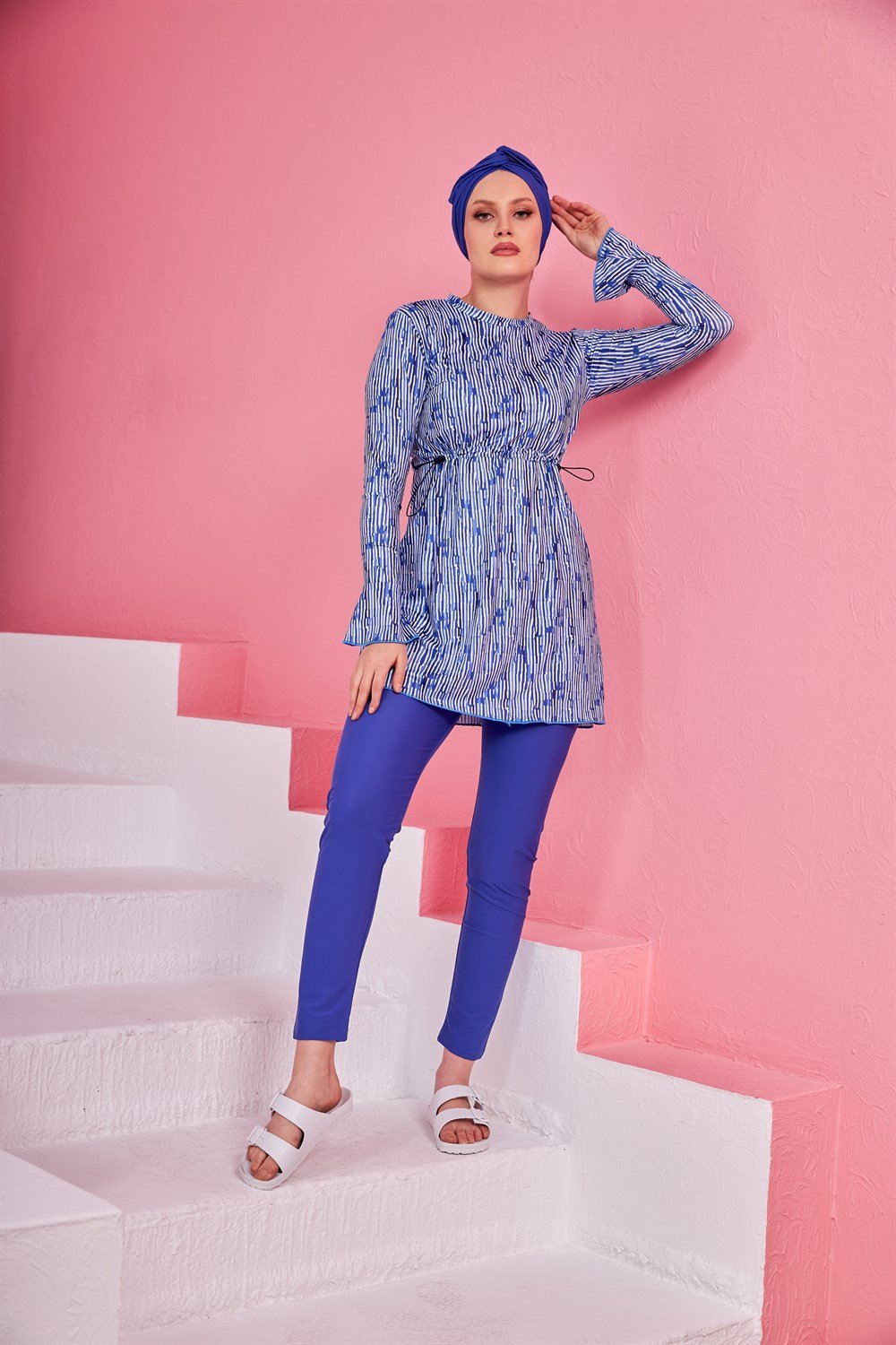 Likralı Tam Kapalı Tesettür Mayo Yüsra Mavi 2236