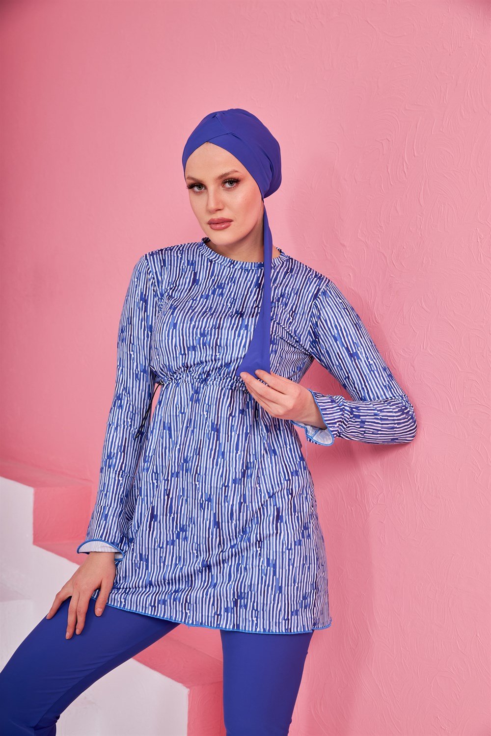 Likralı Tam Kapalı Tesettür Mayo Yüsra Mavi 2236