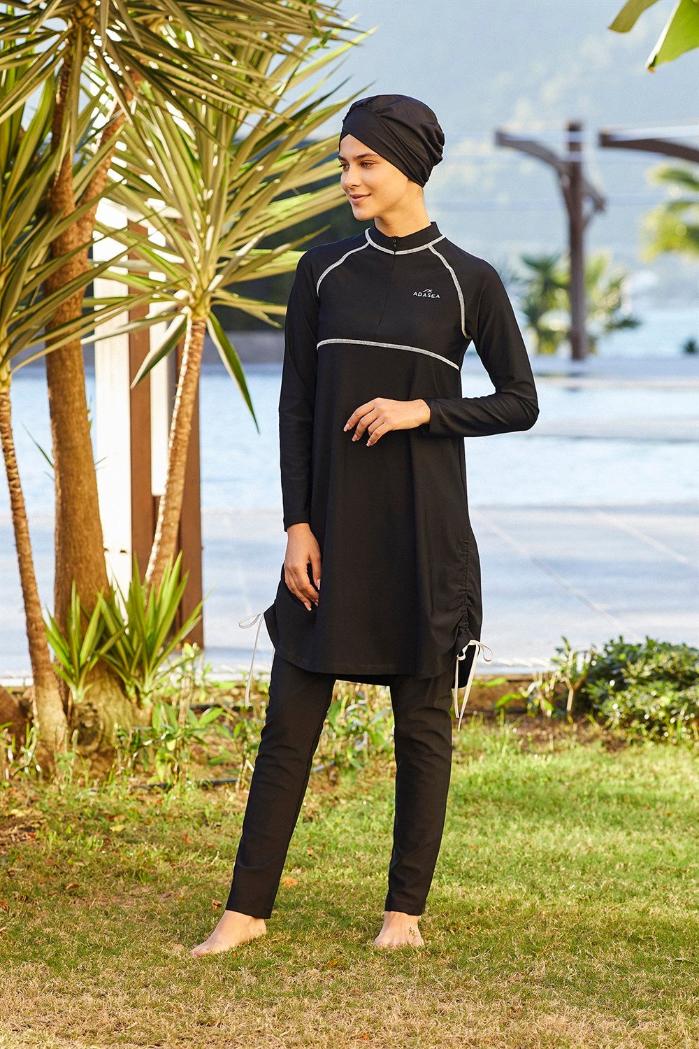 Likralı yarım Fermuarlı Tam Kapalı Tesettür Mayo 4238 Siyah