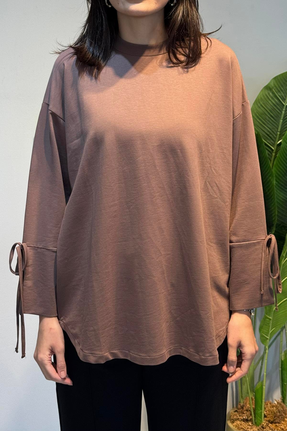 Manşeti ve Beli Bağcık Detay Sweat Tunik 3066 Vizon