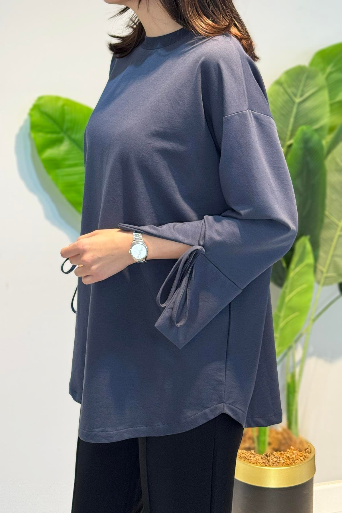 Manşeti ve Beli Bağcık Detay Sweat Tunik 3066 Antrasit