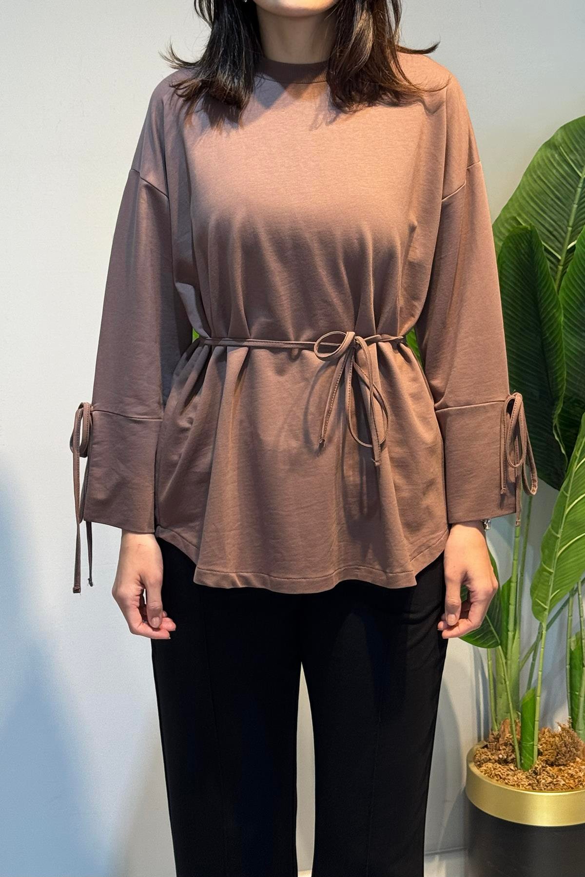 Manşeti ve Beli Bağcık Detay Sweat Tunik 3066 Vizon