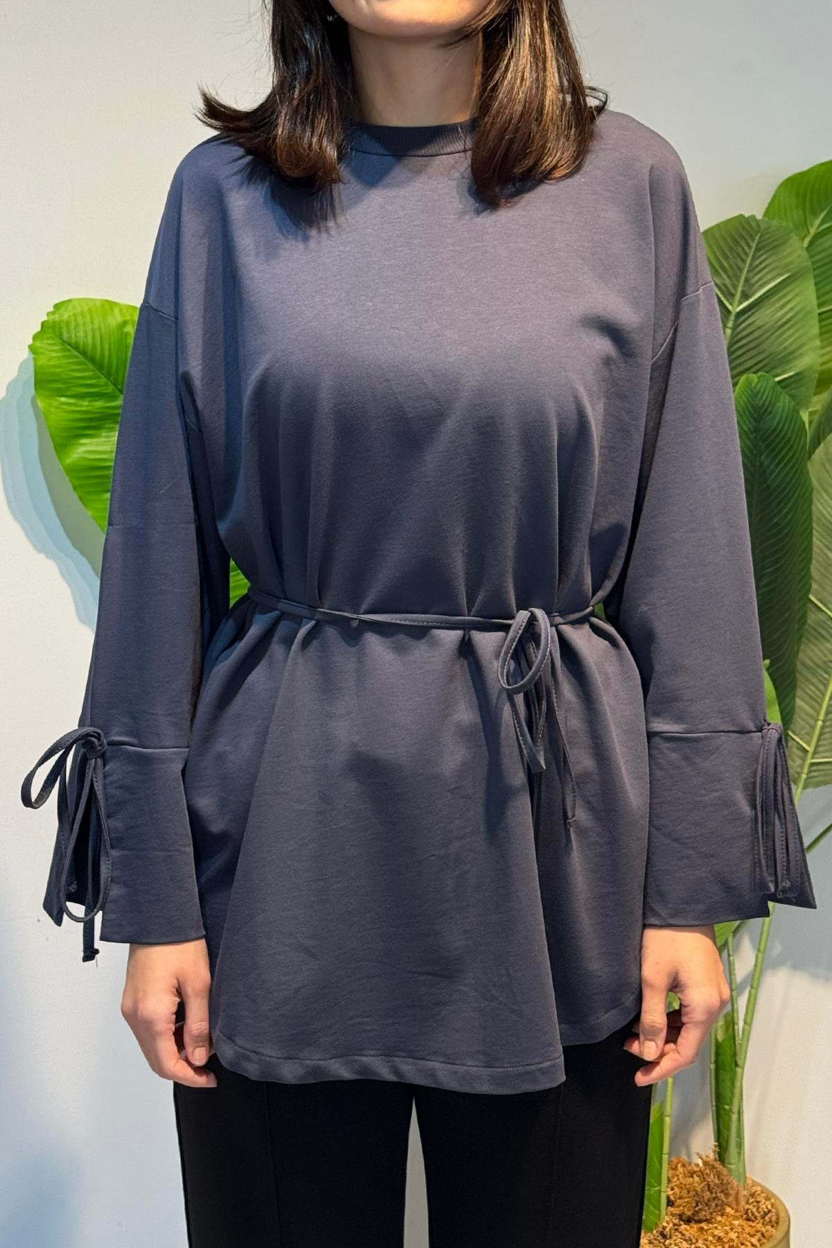 Manşeti ve Beli Bağcık Detay Sweat Tunik 3066 Antrasit
