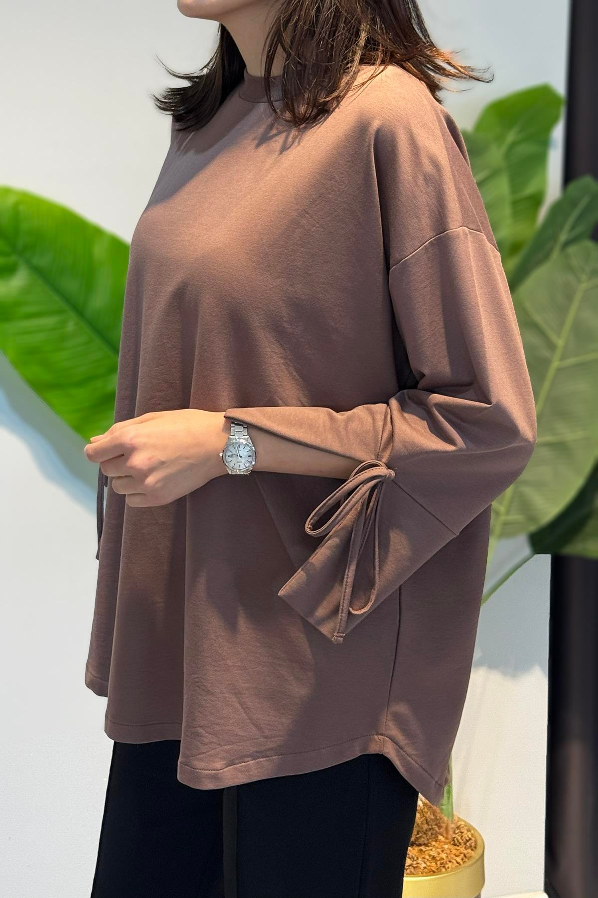 Manşeti ve Beli Bağcık Detay Sweat Tunik 3066 Vizon