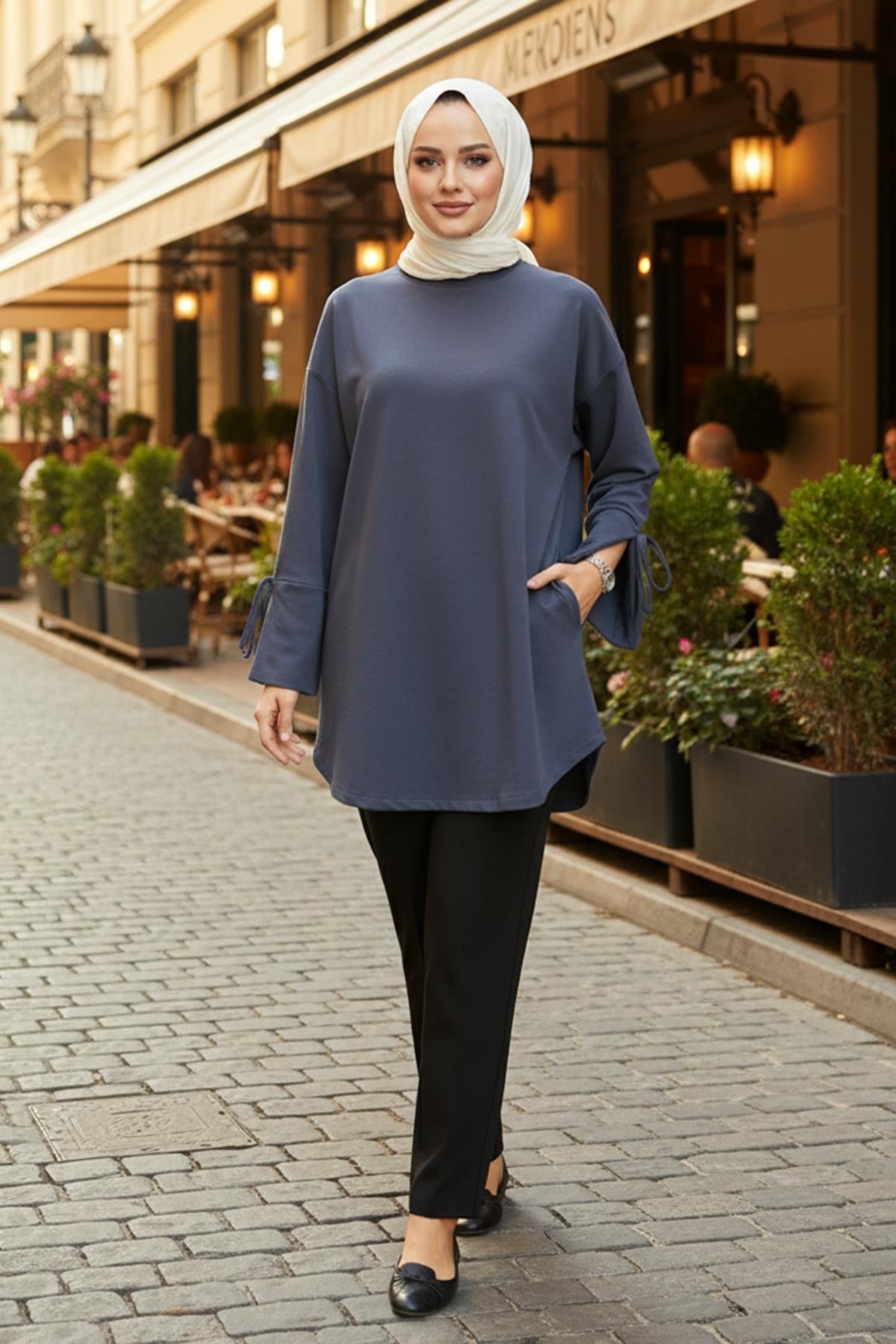 Manşeti ve Beli Bağcık Detay Sweat Tunik 3066 Antrasit
