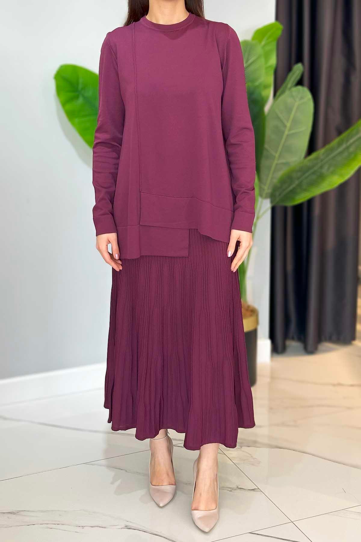 Merserize Tunik Detaylı Triko Etekli Takım 703 Mürdüm