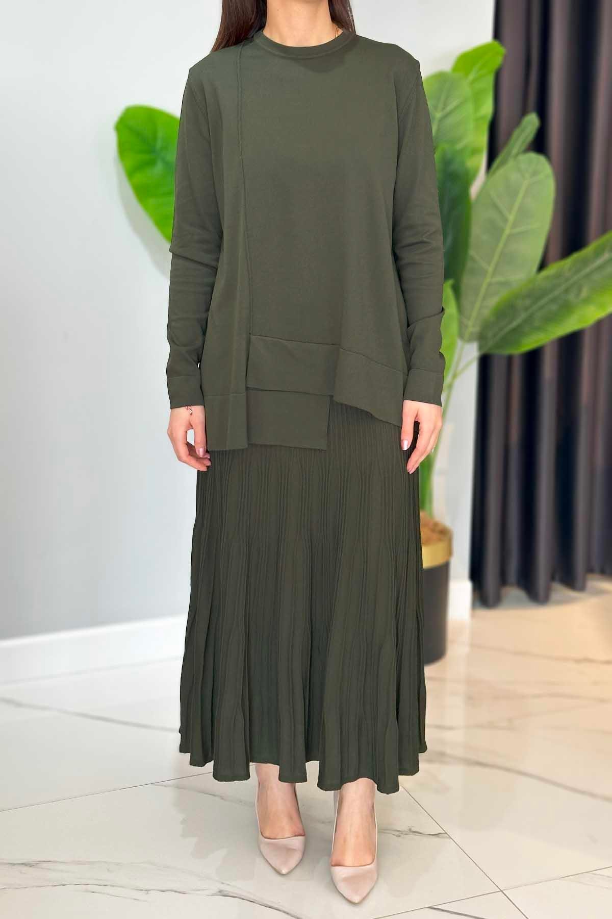 Merserize Tunik Detaylı Triko Etekli Takım 703 Acı Yeşil