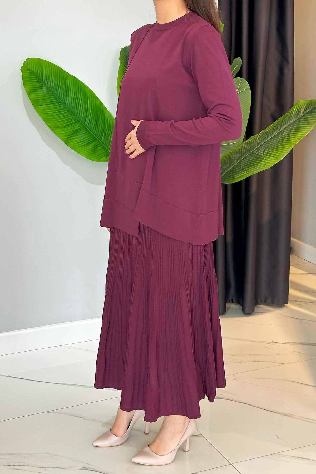 Merserize Tunik Detaylı Triko Etekli Takım 703 Mürdüm