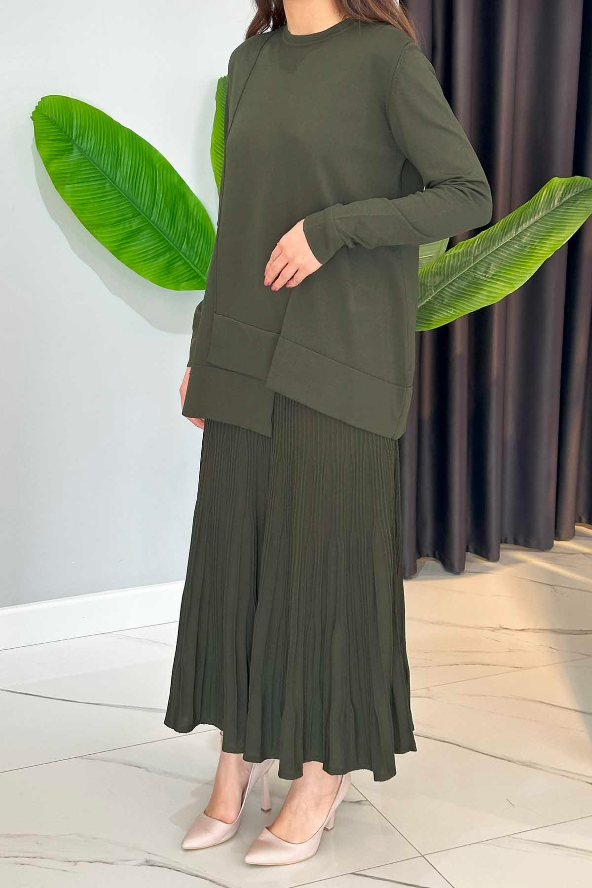 Merserize Tunik Detaylı Triko Etekli Takım 703 Acı Yeşil