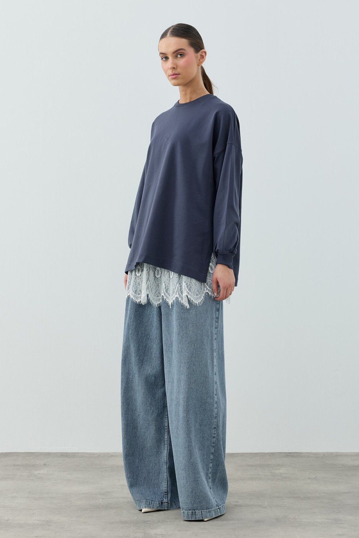 Merwish Dantel Detay Etek İçlikli Loly Sweat 1793 İndigo