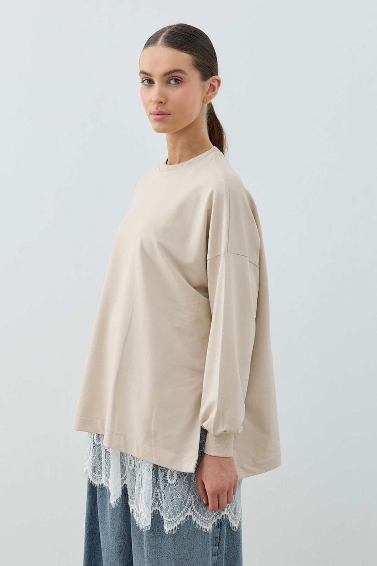 Merwish Dantel Detay Etek İçlikli Loly Sweat 1793 Bej