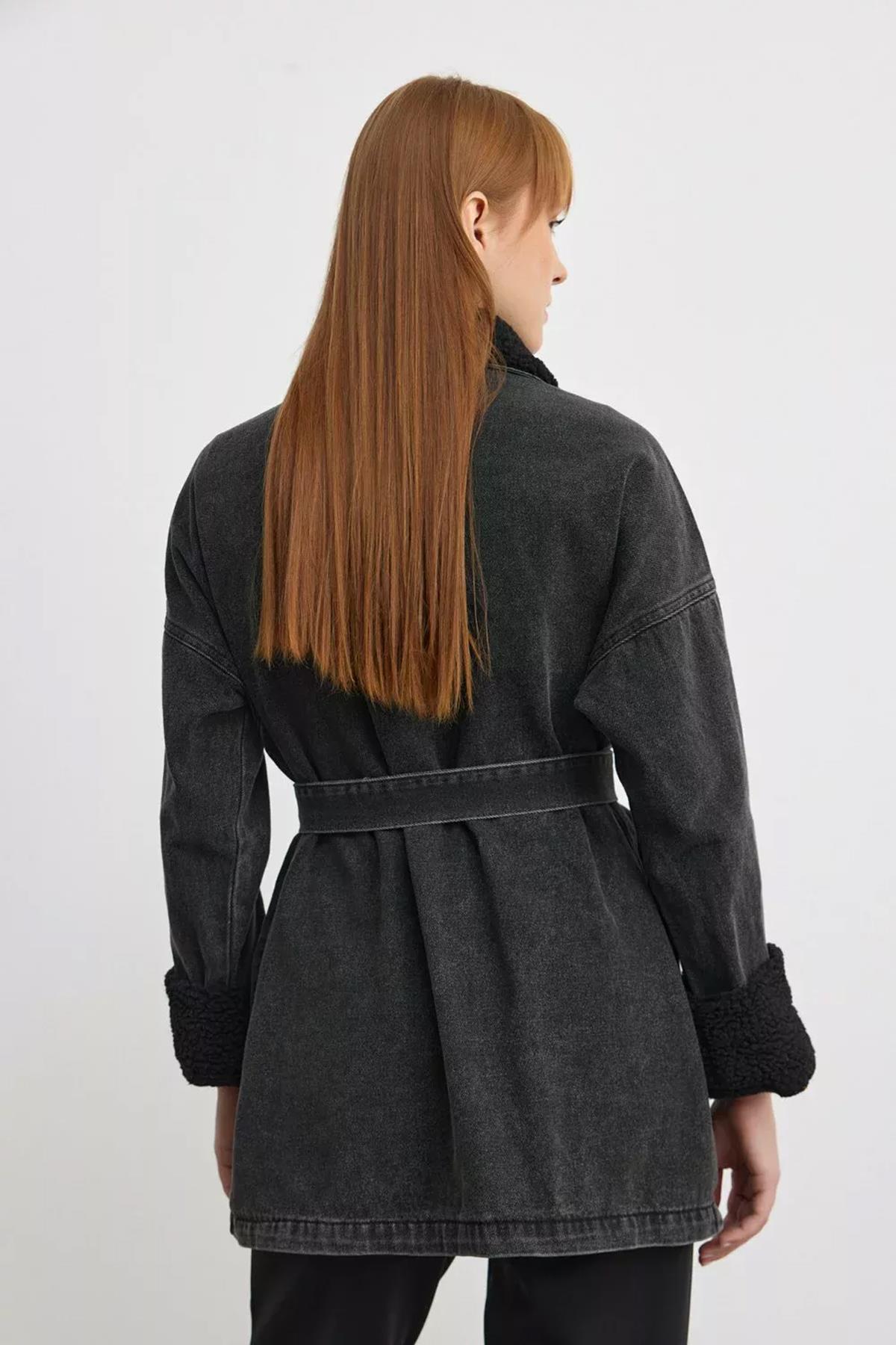 Merwish Kürklü Denim Ceket 1116 Antrasit