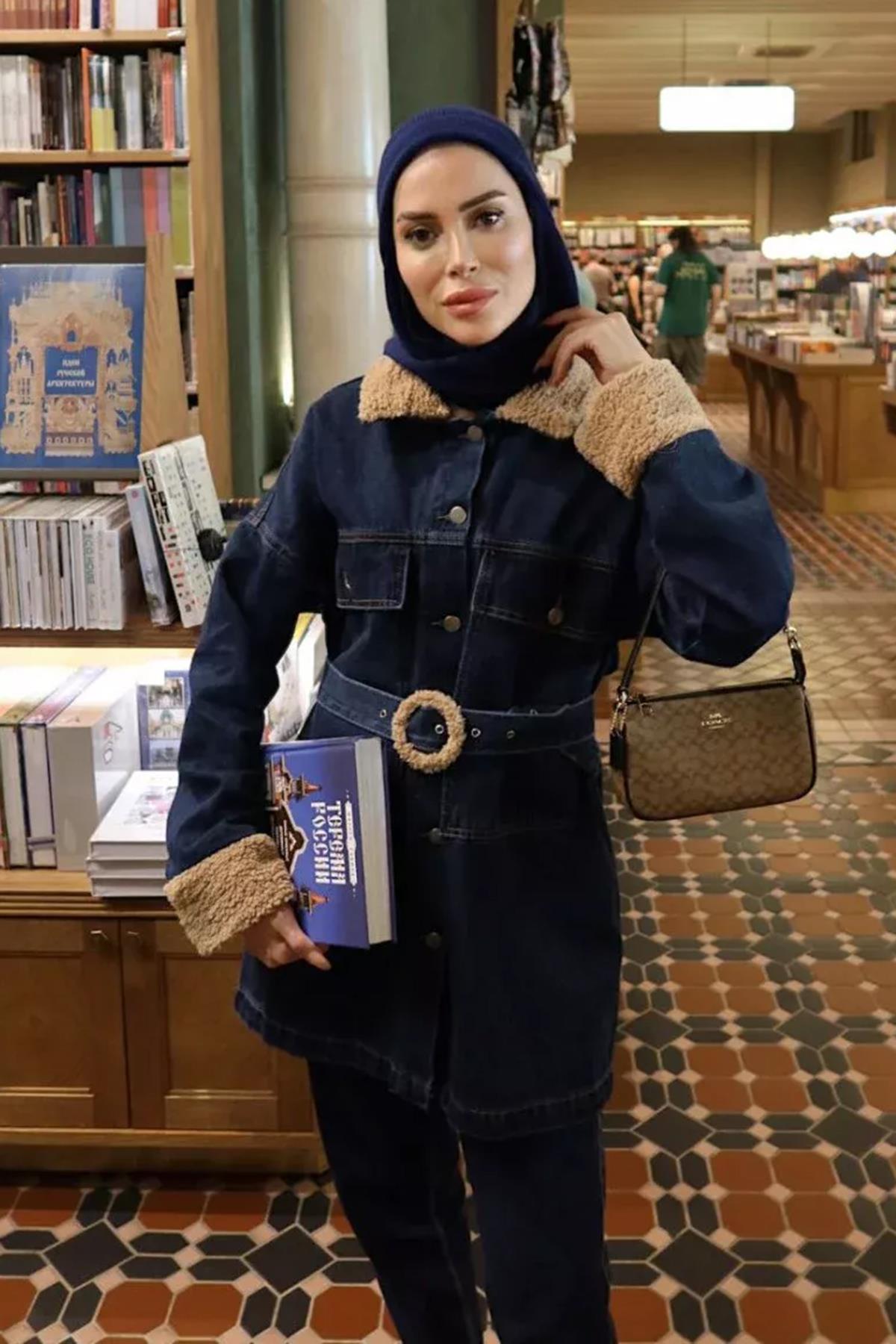 Merwish Kürklü Denim Ceket 1116 Lacivert