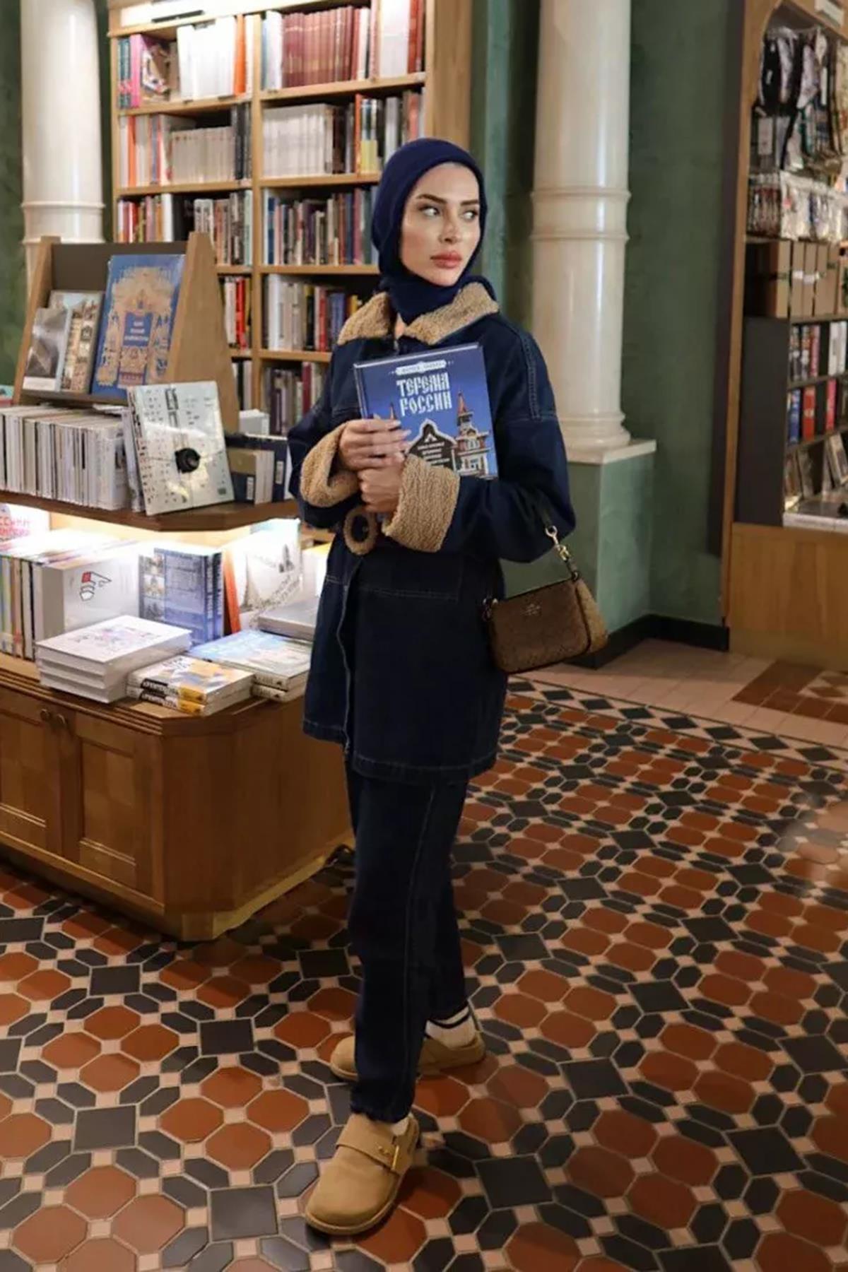 Merwish Kürklü Denim Ceket 1116 Lacivert