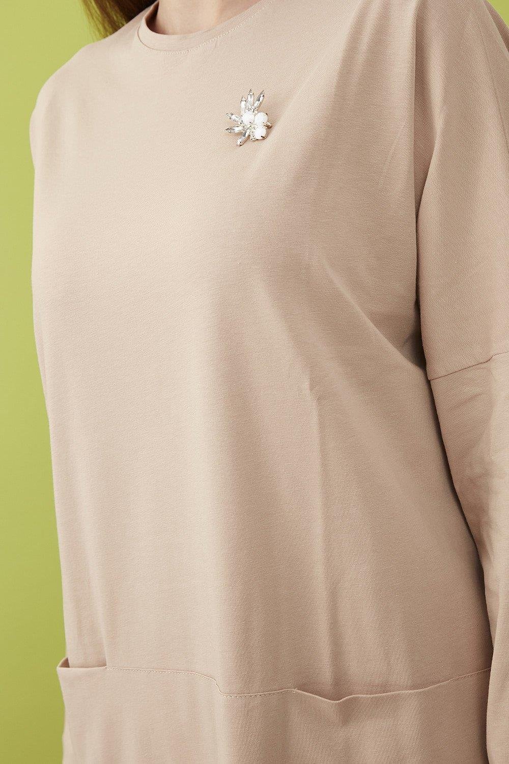 Merwishop Broş Cepli Tunik Bej