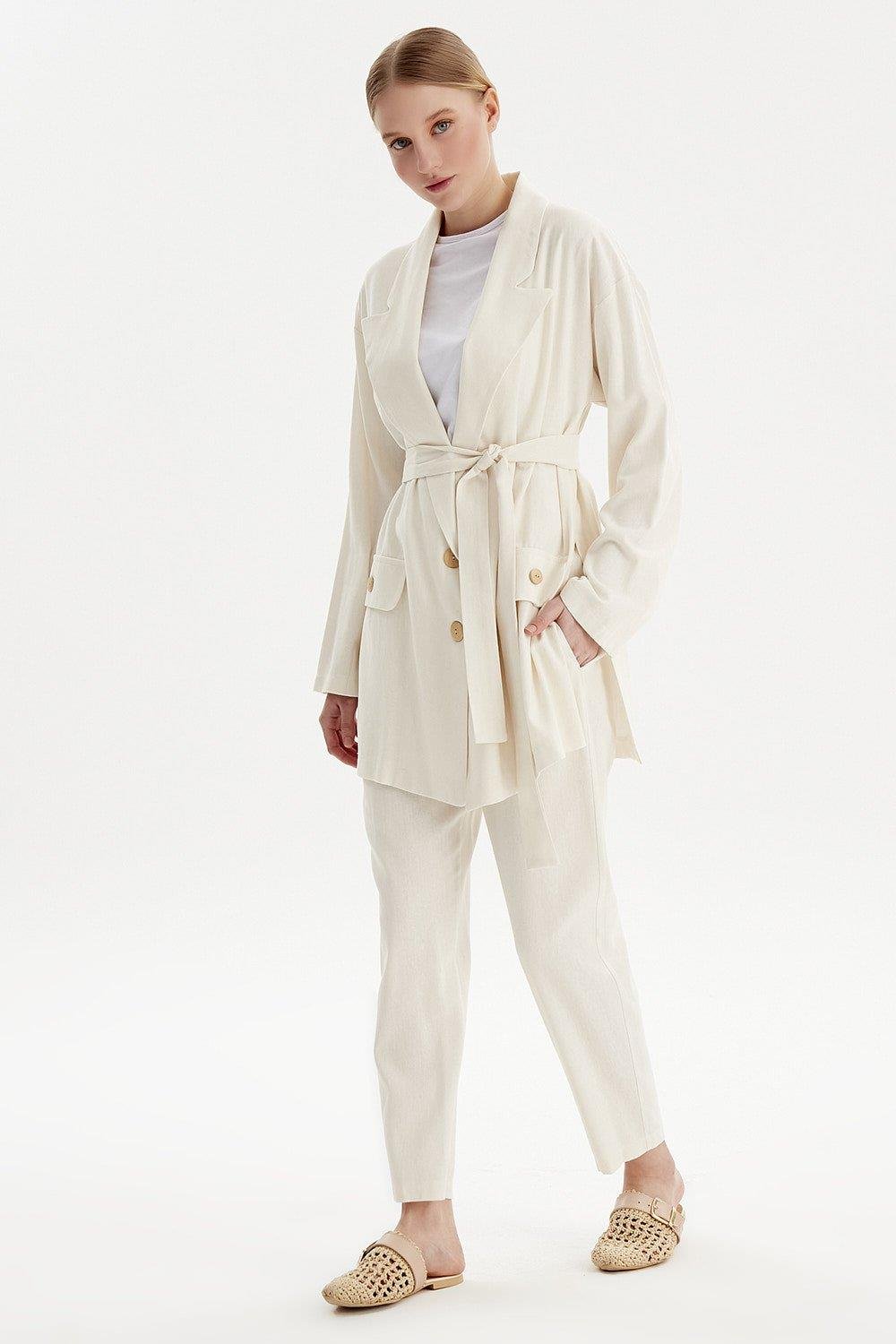 Merwishop Keten Blazer Pantolonlu Takım 501 Bej