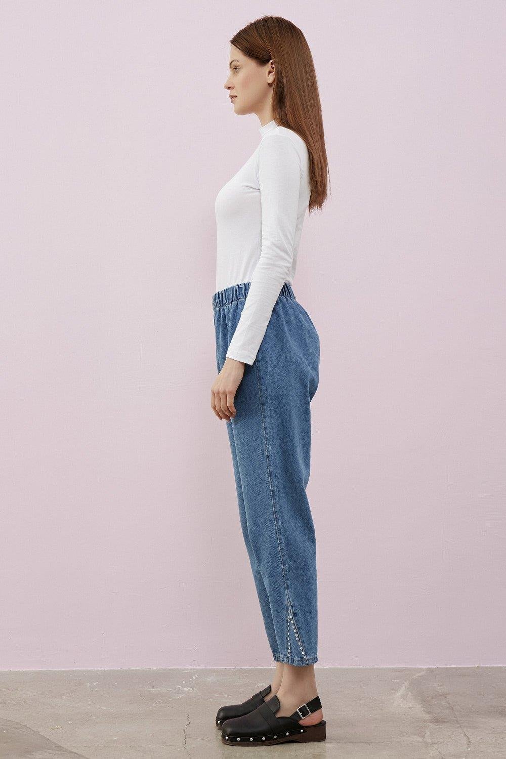 Merwishop Üçgen Taş Detay Denim Pantalon Mavi