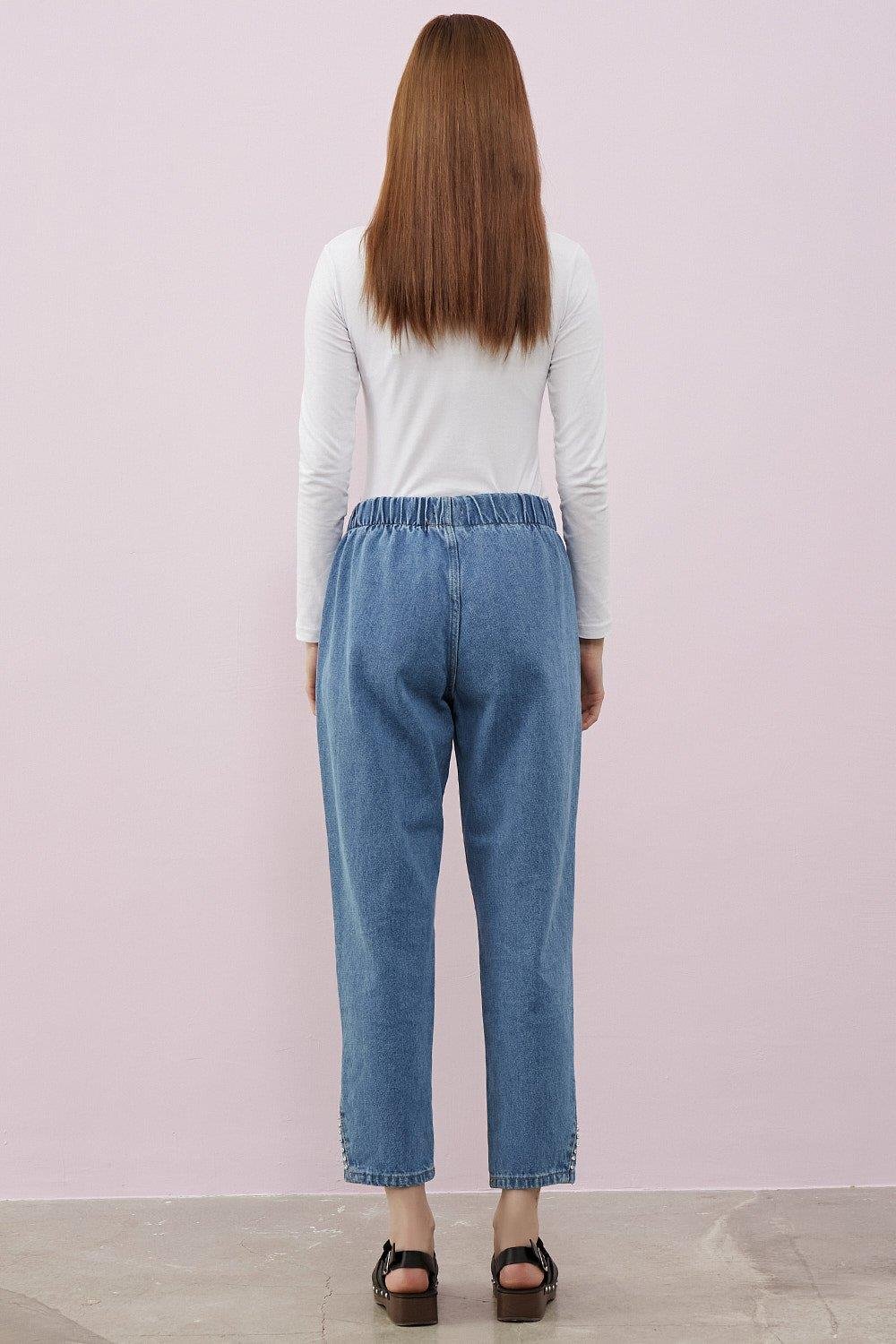 Merwishop Üçgen Taş Detay Denim Pantalon Mavi