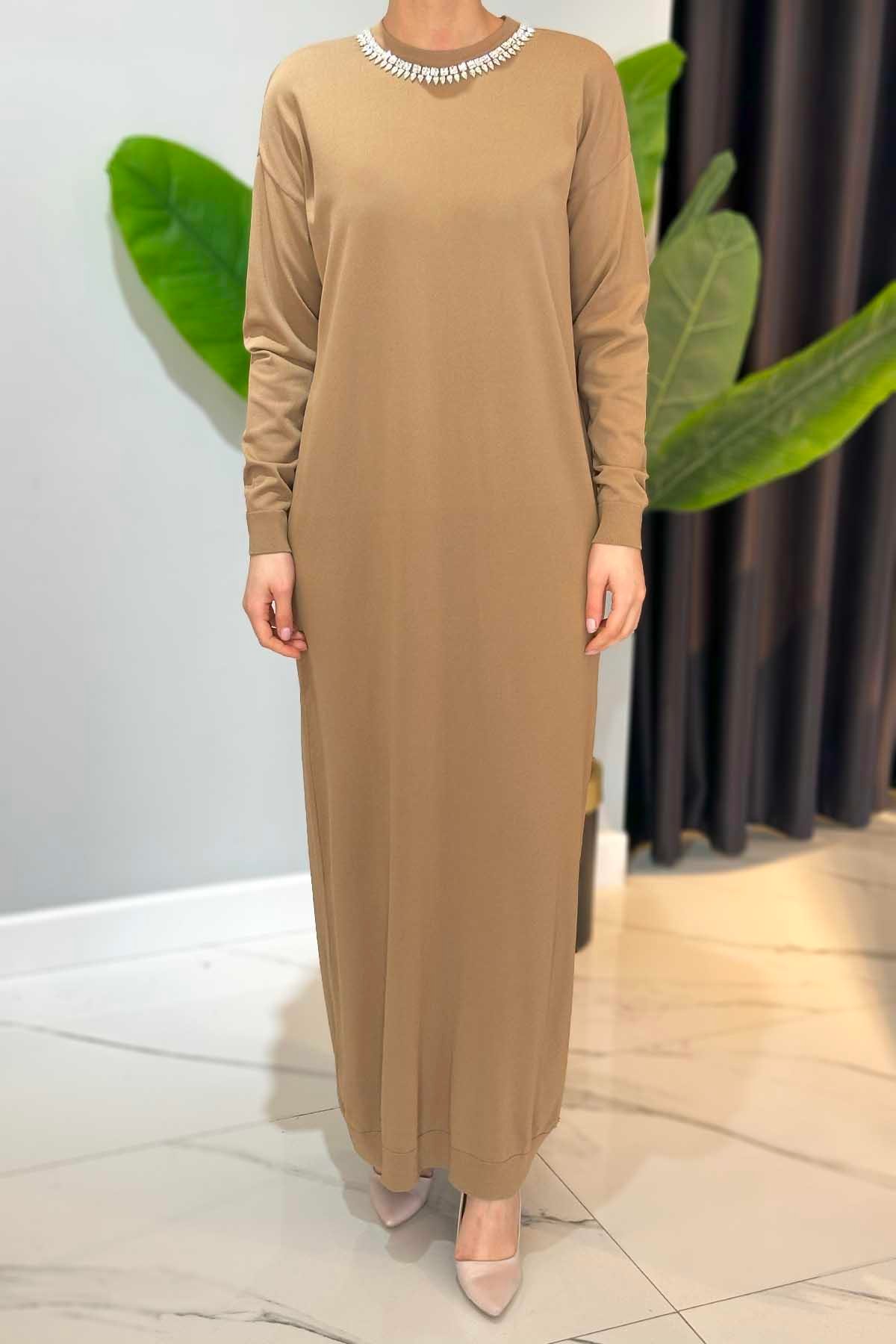 Missemramiss Amore Taş İşlemeli Triko Elbise 4712 Camel