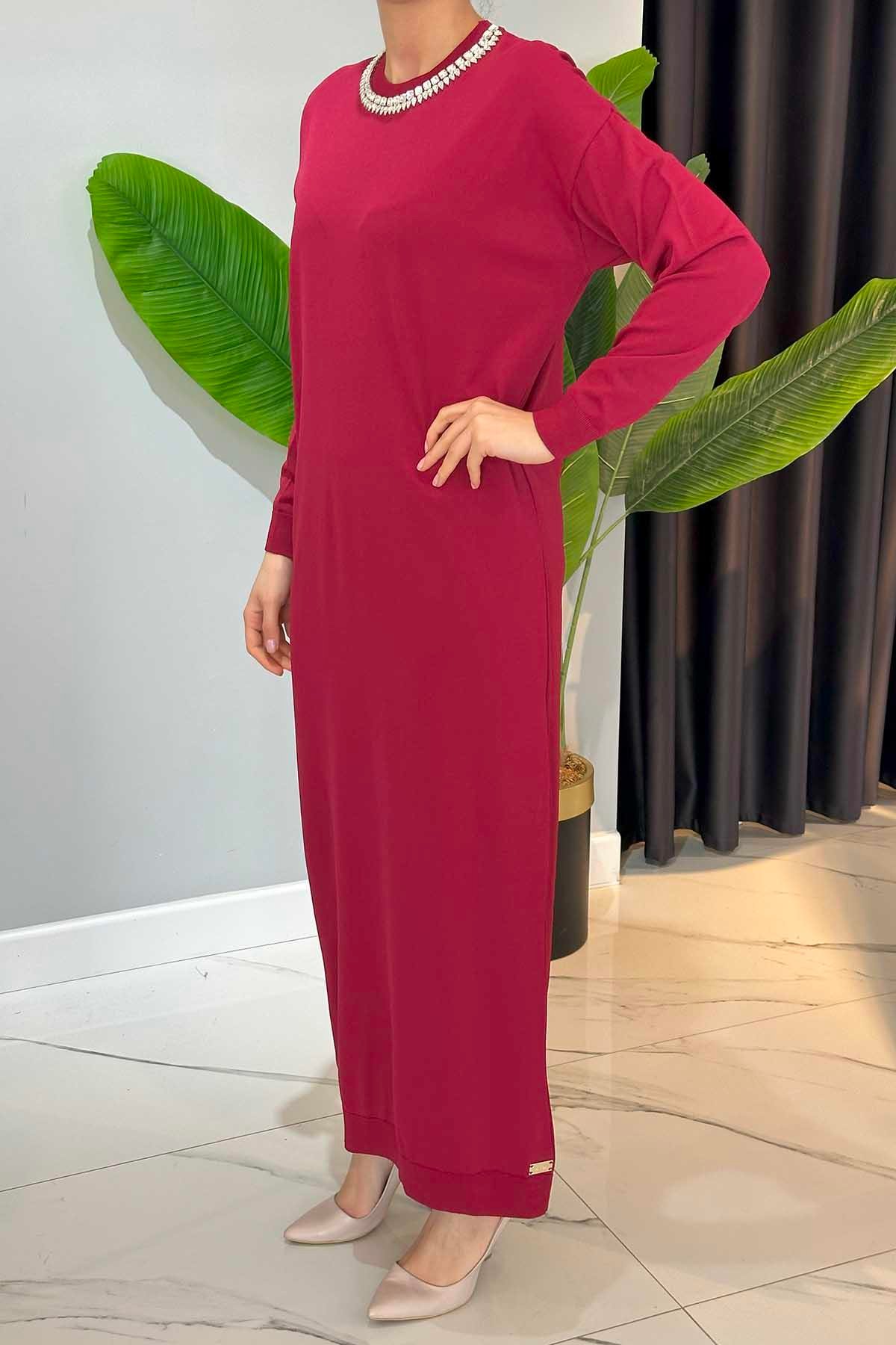 Missemramiss Amore Taş İşlemeli Triko Elbise 4712 Vişne