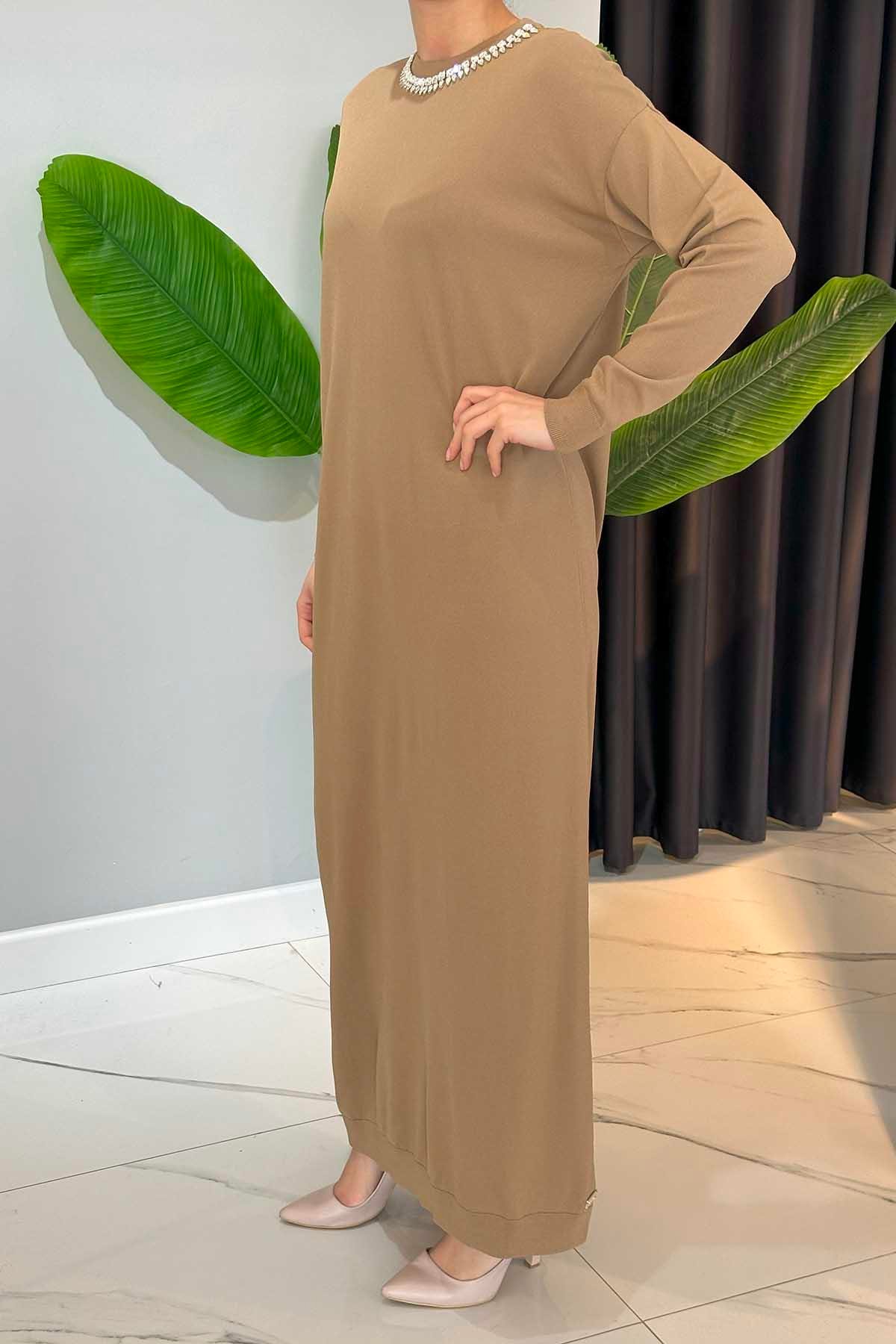 Missemramiss Amore Taş İşlemeli Triko Elbise 4712 Camel