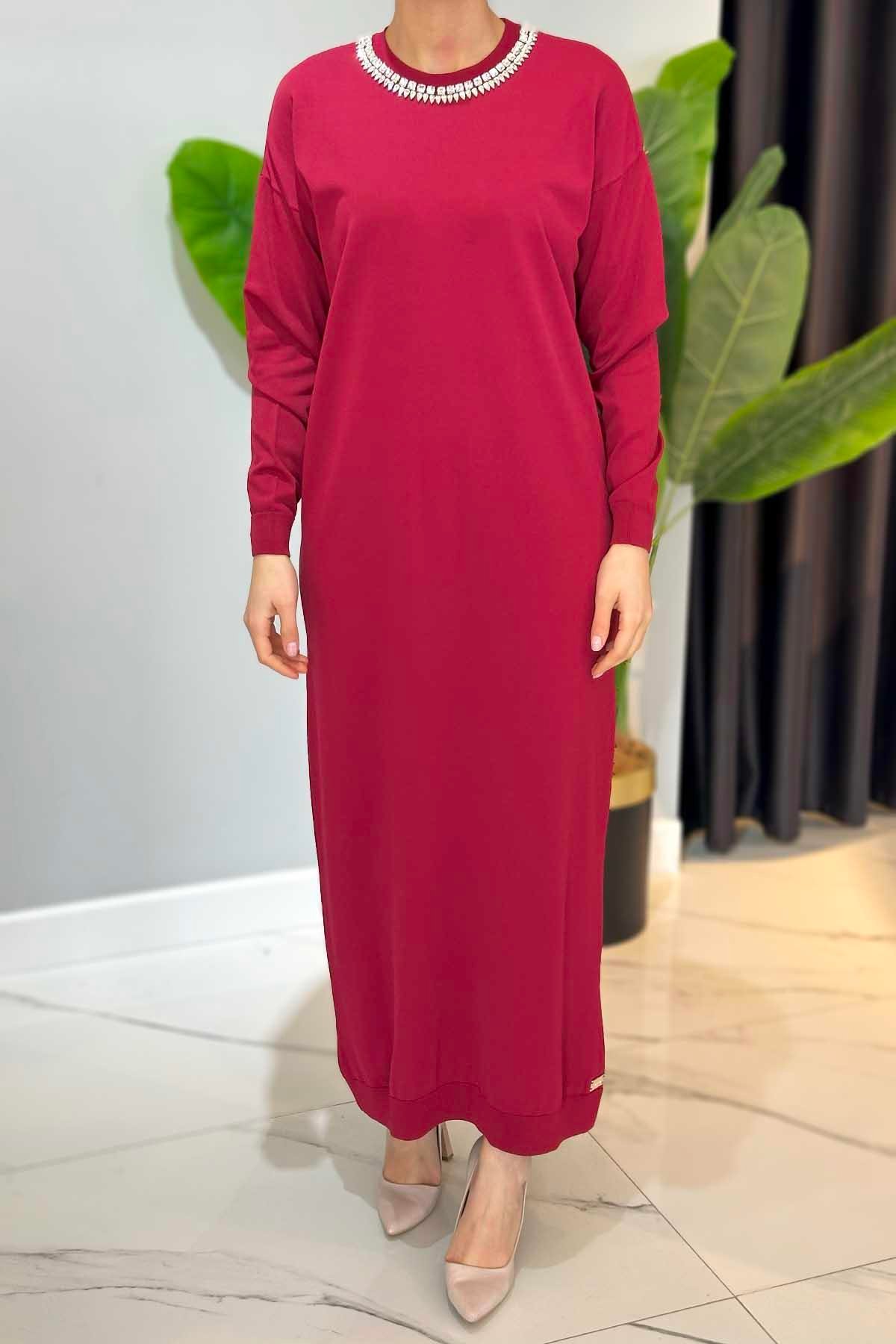 Missemramiss Amore Taş İşlemeli Triko Elbise 4712 Vişne