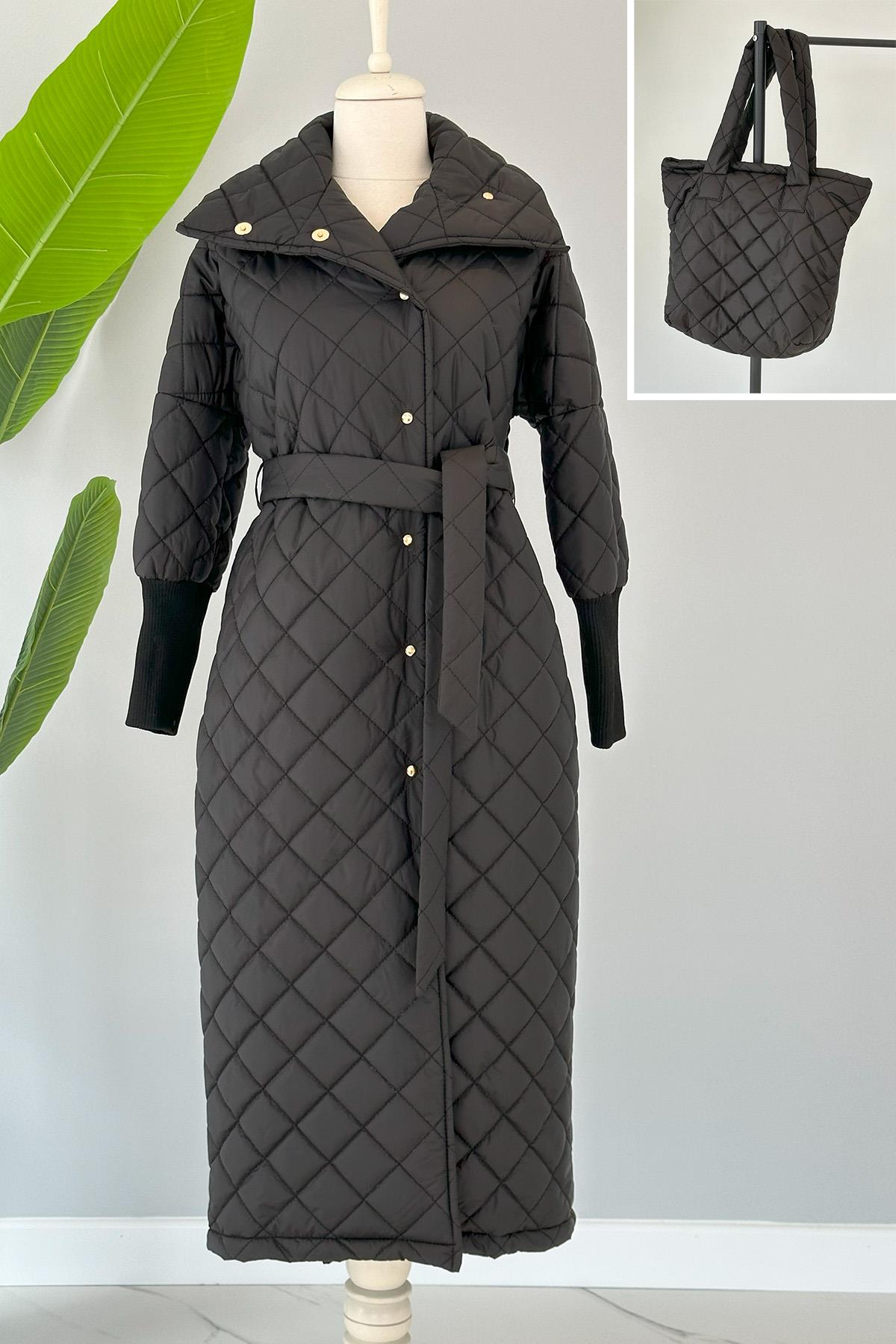 Missemramiss Çantalı Kapitone Kaban Mont 4104 Siyah